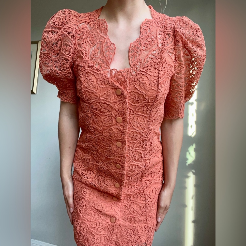 Sandro Lace Summer-Cocktail Coral Puff Sleeves Dress (French brand) - Picture 9 of 10
